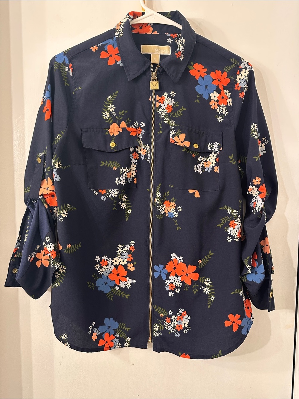 Michael Kors Floral Zip-Front Navy Shirt Jacket